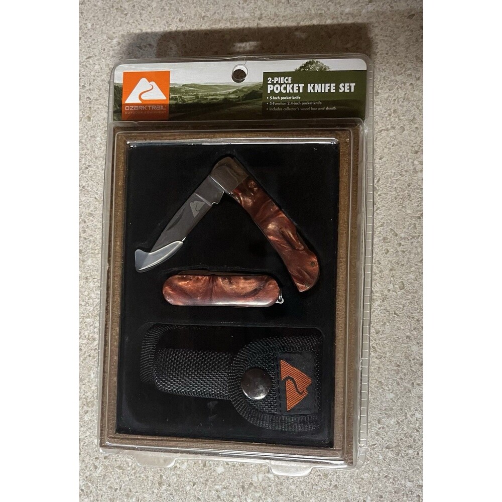 Ozark Trail 2-Piece Pocket Knife Set 2-Blade SS Wood Slipjoint w/Sheath